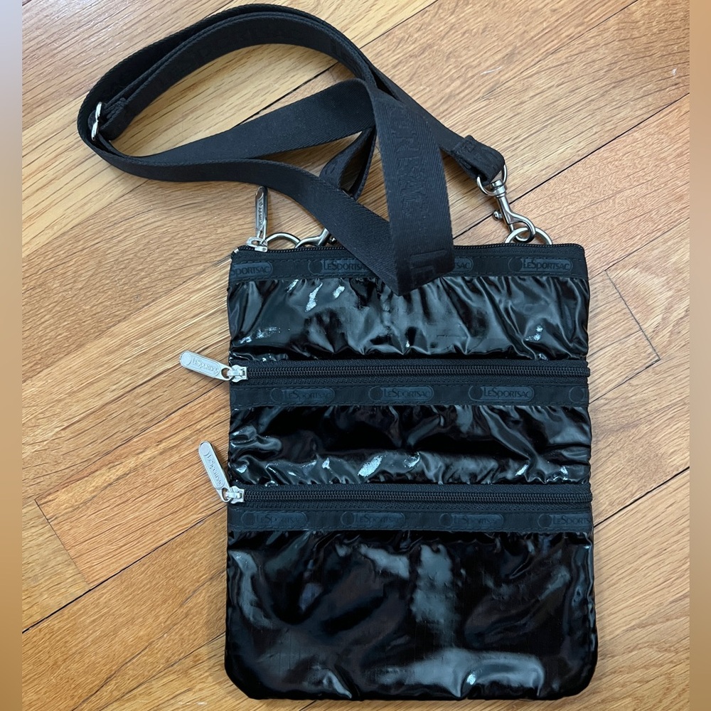 Lesportsac Black Shine 3-Zip Crossbody Bag